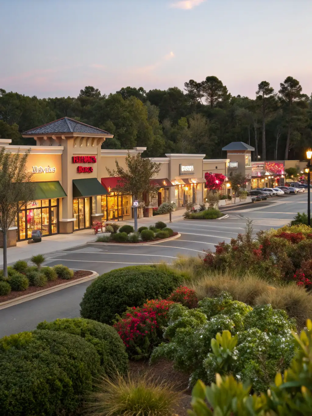 A photograph of a completed retail plaza renovation project, featuring updated storefronts, landscaping, and outdoor seating areas, showcasing Evan & Co. Construction's renovation capabilities.