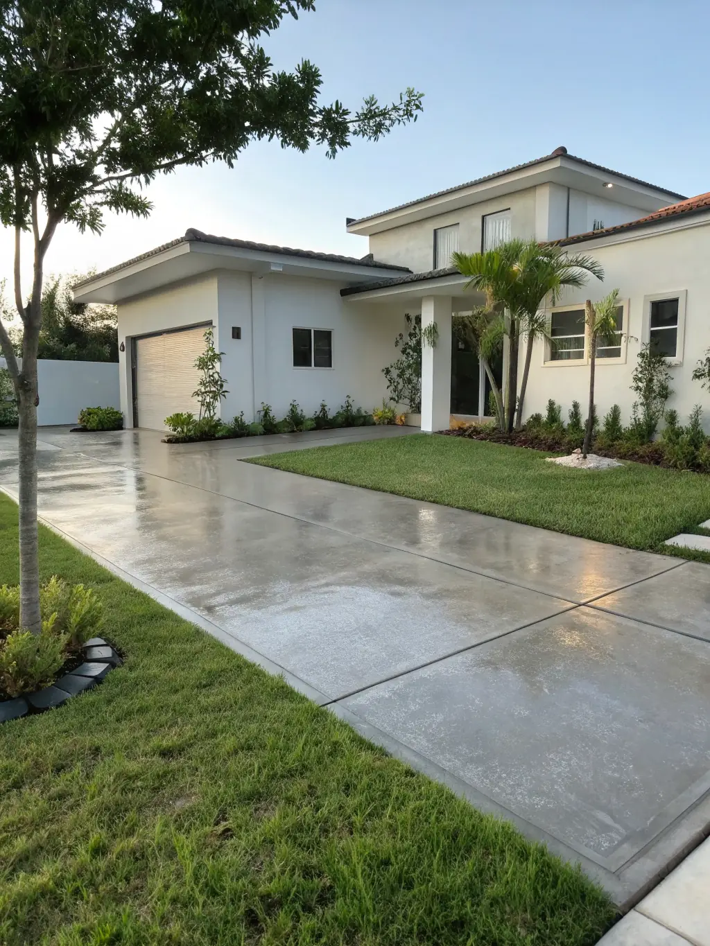 A photograph of the exterior of a newly constructed modern home with clean lines, large windows, and a well-manicured lawn, built by Evan & Co. Construction.